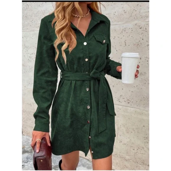 Corduroy Dark Green Button Down Belted Long Sleeve Shirt Dress XS S M L XL XXL - Picture 2 of 2